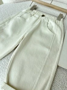 Pantalones casuales de cintura elástica para niño, estilo minimalista, cómodos para el uso diario y actividades al aire libre, adecuados para primavera, otoño, invierno, vuelta al colegio, Navidad - Crema - Ver 5