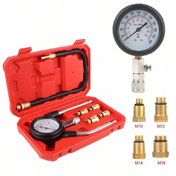 Automotive Cylinder Compression Tester Kit, Gasoline Engine Compression Gauge With M10, M12, M14, M18 Adapters, Pressure Gauge, Automotive Tool