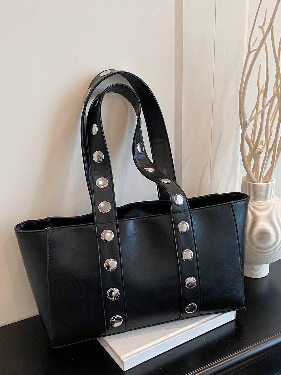 Vintage Fashionable Rivet Decor Bucket Bag, Large Capacity Tote Handbag, Casual Minimalist Commuter Underarm Shoulder Bag, Autumn/Winter - Black - View 1