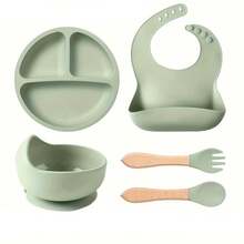 Bộ đồ ăn dặm bằng silicon cá nhân hóa dành cho trẻ sơ sinh và trẻ nhỏ, bao gồm cốc, yếm, đĩa, bát và thìa nĩa bằng silicon. - Bộ 5 món - Xem 10