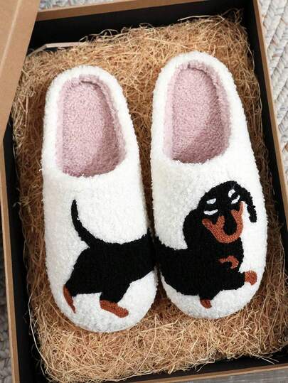 New Cross-Border European & American Sausage Dog Embroidered Fleece Slippers, Men/Women Comfortable Plush Home Winter Slippers, Couple Size, Indoor