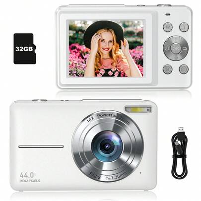 Digital Camera, FHD 1080P Compact Camera 44MP 16X Zoom Point And Shoot Camera With 32GB SD Card,Lanyard, Pocket Camera For Beginners(White)