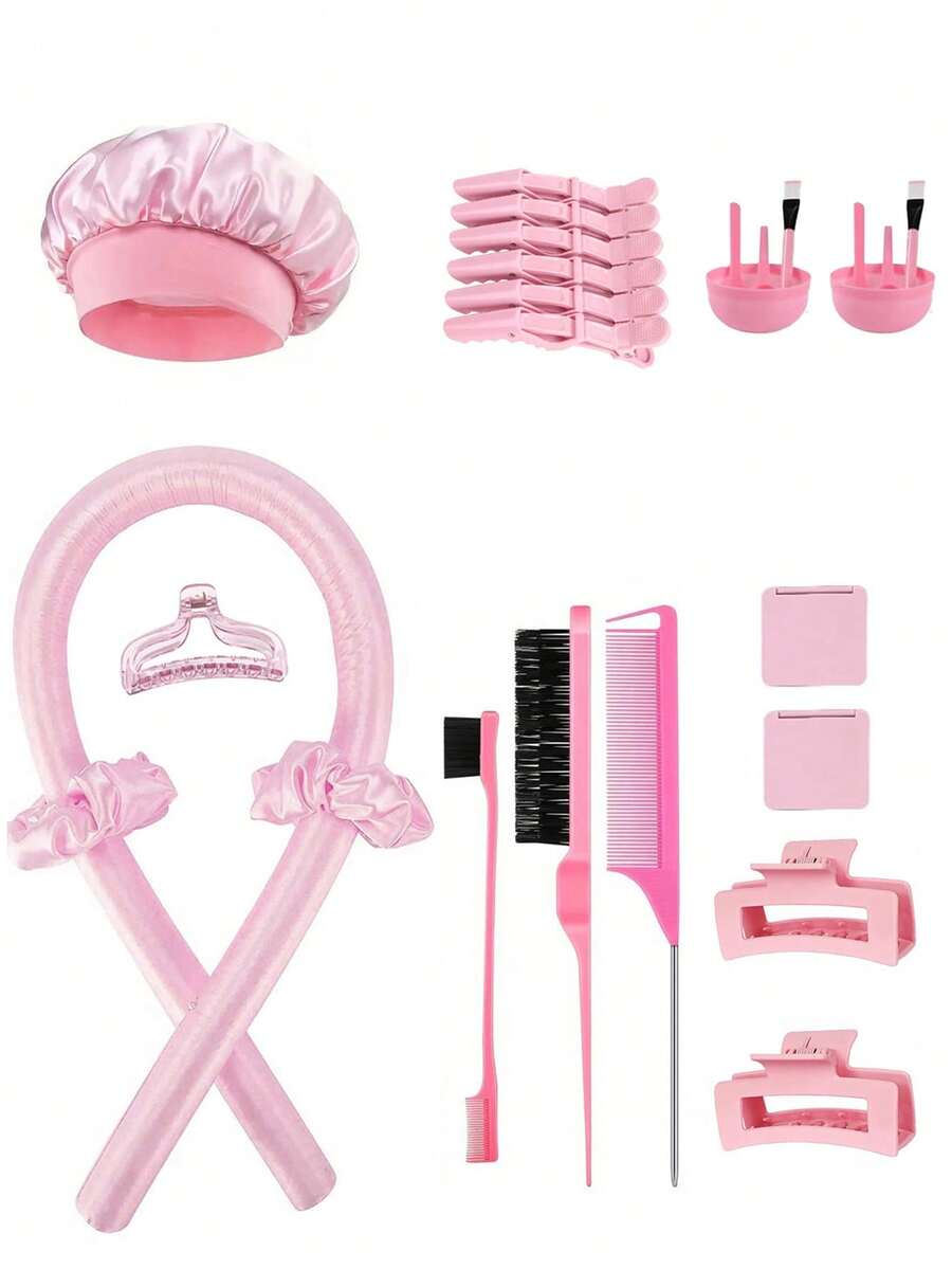 26件套粉色免加热卷发棒SPA护发套装，女士DIY美发造型工具套装，包含梳子、鸭嘴夹、镜子、卷发棒、发夹、发圈、SPA工具，精美礼品，圣诞袜填充物，女士圣诞袜填充物，圣诞礼物，礼物，圣诞袜填充物，女士礼物，礼物，圣诞礼物，成人圣诞袜填充物，成人圣诞袜填充物，美发用品，女士配饰，圣诞袜填充物，成人礼发饰，圣诞发饰，女士礼物创意，美容圣诞袜填充物，女士圣诞礼物 - 彩色 - 查看 1