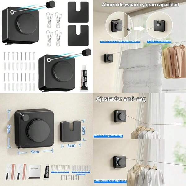 Joschapeau 2pc Tendedero Retractil para Ropa, 4.68m Tendedero Retractil Pared con 4 Pinzas para Ropa, Fácil de Instalar, Uso en Interiores y Exteriores, Adecuado para Balcones, terrazas(default)