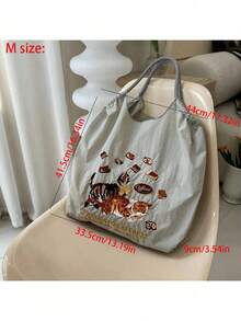 1pc New Fashion Embroidered Cute Cat Pattern Lightweight Nylon Large Capacity Tote Bag, Suitable For Party, Travel, Shopping And Beach, Shoulder & Crossbody