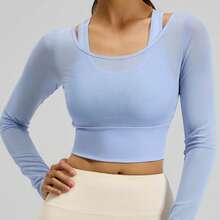 Women Casual Mesh Long Sleeve Cropped Yoga Active Sports T-Shirt With Padded Bust - 藍色 - 查看 7