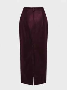 优雅通勤及商务复古皮革高腰修身铅笔中长裙 春季 - 酒紅色 - 查看 8