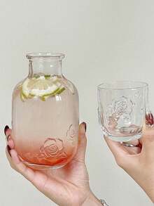 2pcs Vintage Floral Embossed Juice Drink Glass Cup, Creative Design Glassware Set Includes Teapot And Cup, Suitable For Coffee, Tea, Fruit Juice