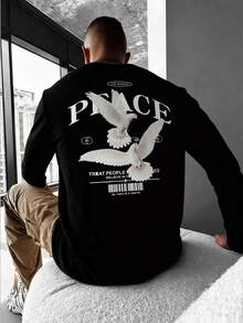 Camvyn 男士休闲字母鸽子印花圆领长袖T恤，秋季款 - 黑色 - 查看 1