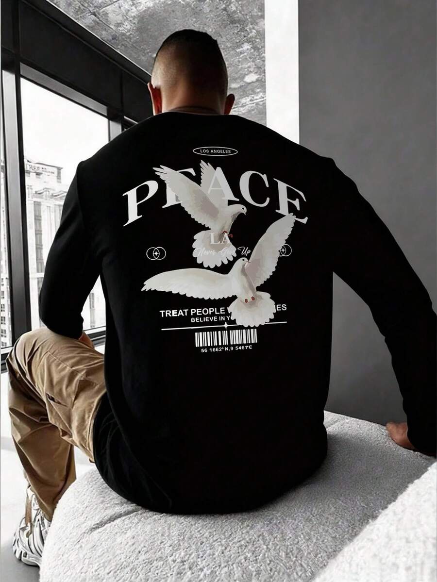 Camvyn 男士休闲字母鸽子印花圆领长袖T恤，秋季款 - 黑色 - 查看 1