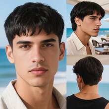 男士短款黑色假发，无需胶水，耐热，易于佩戴，高品质角色扮演万圣节假发