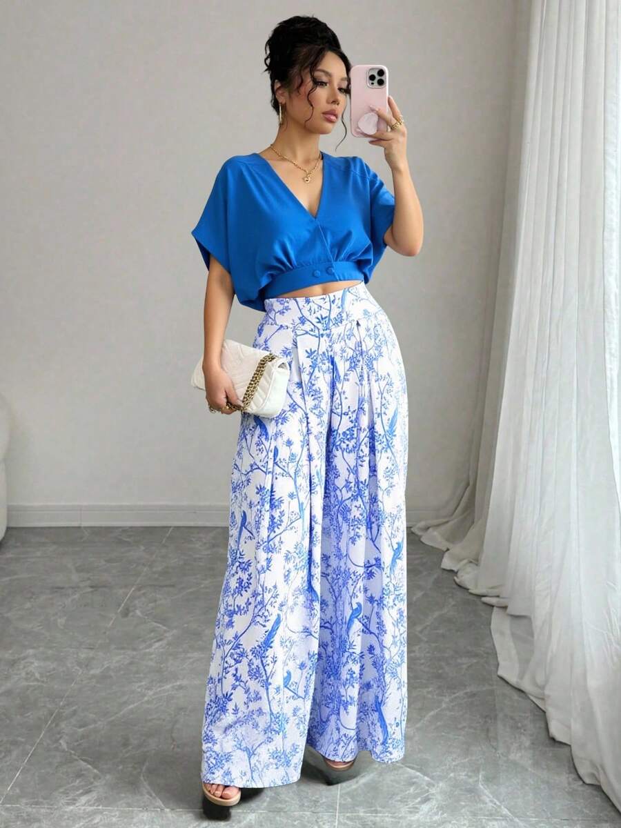 Pantalones plisados de 2 piezas para mujer, estilo casual, holgada, blusa con botones, parte superior, pantalones largos de pierna ancha, falda de trabajo - Negro - Ver 1