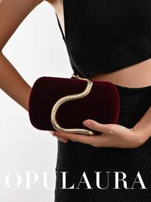 OpulAura Women's Retro Fashion Velvet Clutch Bag, Snake Clasp Design, European & American Style, Snake Skin Minimalist Box Clutch Purse Suitable For Wedding, Gala, Formal Events, Party, Handbag, Shoulder Bag, High-Quality Chain Strap - Burgundy - View 9