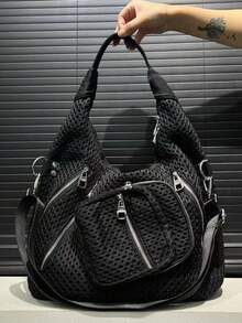 Y2K Street Style Personalized Women's Nylon Spliced Shoulder Bag, Large Capacity, Rivet Decorated Crossbody Bag, Multi Compartment Design - Black - View 7