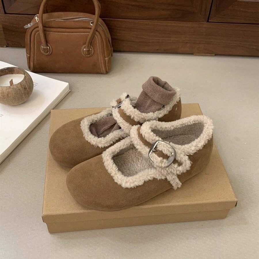 2025 Mocasines de Terciopelo para Mujeres de Invierno, Nuevos Zapatos de Peluche de Suela Gruesa Adecuados para Combinar con Abrigos, Zapatos Planos de Algodón Estilo Pantufla para Mujeres - Amarillo - Ver 1
