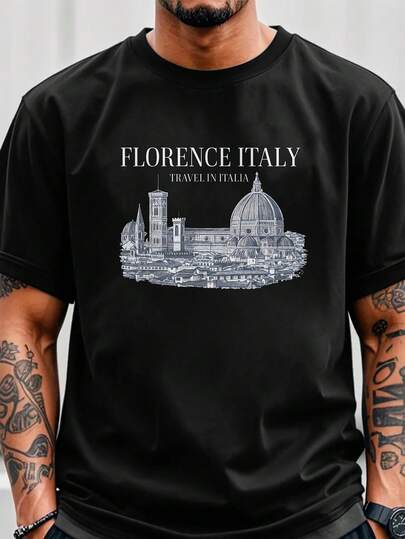 Camiseta Gráfica de la Catedral de Florencia Italia para Hombre - Camiseta Vintage Negra con Cupola y Torre del Reloj, Algodón Suave y Transpirable para Amantes de Florencia, Ideal para Viajes, Senderismo o Uso Diario - Regalo Perfecto como Recuerdo