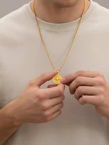 MECYLIFE 1件装时尚嘻哈风不锈钢男士项链，配18K镀金指南针吊坠，适合男士佩戴 - 金色-方珍珠鍊 - 查看 4