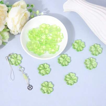 10pcs Minimalist New Acrylic Fresh Green Lucky Four-Leaf Clover Bead DIY Bracelet, Keychain, Bag Chain, Jewelry Accessories Suitable For Handicraft Lovers, Daily Use