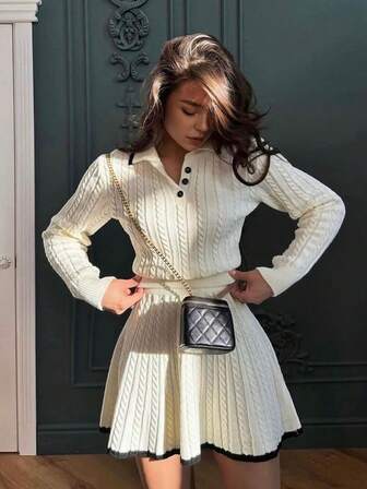 Y2K风格针织毛衣套装，包括翻领套头衫、纽扣前襟长袖露脐上衣和松紧腰钩针A字迷你裙，两件套，适合女士秋冬装、圣诞节和感恩节穿着。