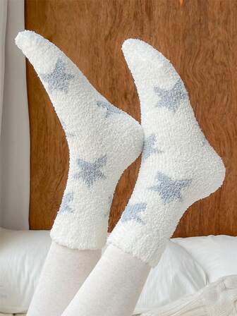 1Pair Women Grey Stars Cozy Warmly Soft Fuzzy Socks Comfort Fluffy Anklet Crew Socks White Long Heart Winter Socks
