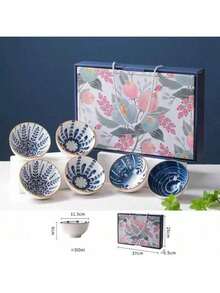 4-teilige und 6-teilige Geschenkboxen mit Keramikschalen, blau-weiß gemusterte Keramikgeschirrsets im japanischen Stil, kreative Geschenkboxen mit gemusterten Schalen, Keramikschalen mit tragbarer Verpackung, geeignet für Familienfeiern, Weihnachtsgeschenke, Küchentische, schön und praktisch, leicht zu reinigen, bei hohen Temperaturen gebrannt, langlebiges Geschenkgeschirr - Verschiedenfarbig - Übersicht 3