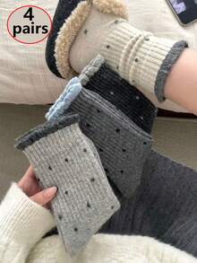 4 pares de calcetines casuales de estilo vintage con lunares y encaje, versátiles para otoño/invierno - Multicolor - Ver 8