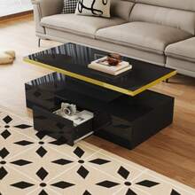 Coffee Table, Table With Drawers, Glossy Lacquered Finish, Side Table With Two Shelves. With LED Light. - Black - View 5