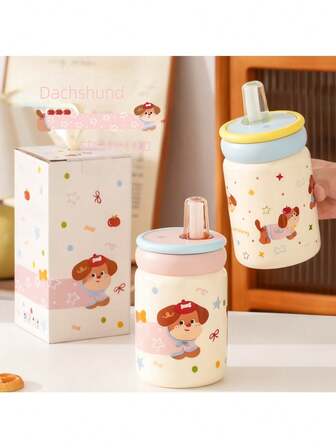 Taza de cerámica de alta calidad con lindo diseño de perro salchicha, vaso de gran capacidad con pajita, caja de regalo para pareja, taza de café práctica
