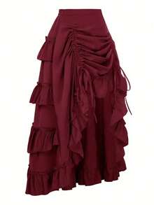 [High-Waist Ruffle Trim Skirt] High-Waist Ruffle Trim Skirt, Fashionable High-Low A-Line Drawstring Maxi Skirt, Pleated Ruffle Hem, Multi-Layer Design, Women's Casual Wear For Spring & Summer - Red - View 3