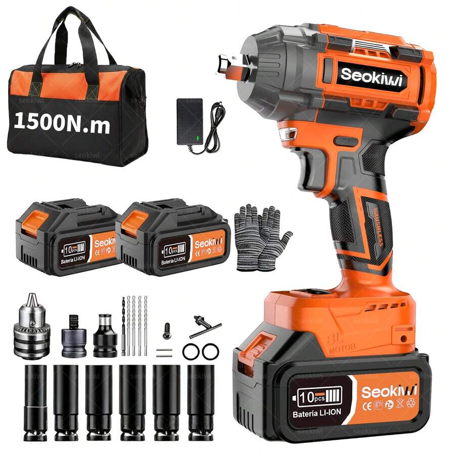 Llave de impacto inalámbrica, 1500 N.m, sin escobillas, 1/2 pulgada, 2800 RPM, alto par, 2 baterías de 4,0 Ah, 6 vasos, llave de impacto eléctrica para coche y hogar,almacen local, regalos de Navidad - Naranja - Ver 1