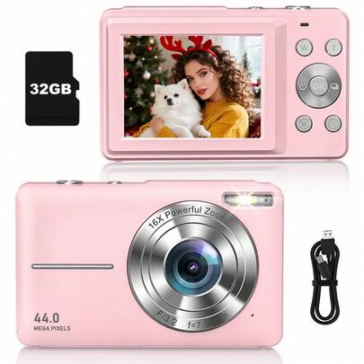 Digital Camera, FHD 1080P Compact Camera 44MP 16X Zoom Point And Shoot Camera With 32GB SD Card,Lanyard, Pocket Camera For Beginners(Pink)