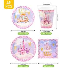 8件套粉色花朵城堡一次性餐盘、餐巾纸、杯子套装，包含餐盘、餐巾纸和杯子，适合8位客人使用，一次性纸盘，适用于生日、婚礼、主题派对、家庭野餐等场合。 - 彩色 - 查看 2