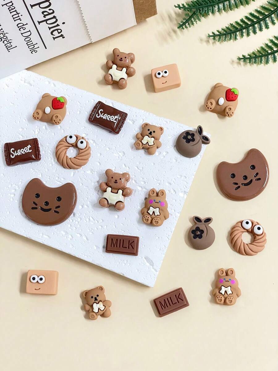 20pcs Cute Cartoon Bear Shoe Charms Resin Craft Embellishments - Colorful Flat Back Decorations For Scrapbooking, DIY Phone Case Nail Art Hairpin Accessory Making Supplies - Brown - View 1