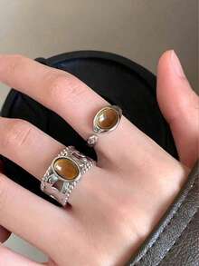 2pcs Fashionable Personalized Retro Mori Design Natural Stone Adjustable Open Ring Suitable For Women's Daily Wear And Party, Photography Accessory, Birthday Gift For Bestie