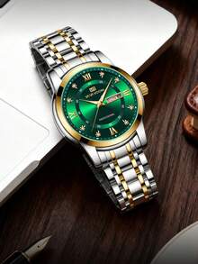 1pc Men's Quartz Watch, 41mm Classic Luxury Diamond Calendar Clock, Green/Blue/Gold/Silver/Black Stainless Steel Dial, Genuine Quartz Movement, 3 Bar Water Resistant, Business Style, Exquisite Couple Watch - Green - View 4