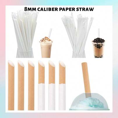 100 individuellt förpackade papperssugrör, tillgängliga i vita och naturliga träfärger, med en diameter på 8 mm/0,31 tum och längder på 200 mm och 230 mm att välja mellan. Detta papperssugrör är det bästa valet för mjölkte med konstpärlor och kan användas i barer, dryckesbutiker, restauranger med mera.