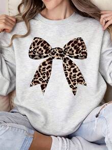 Women Leopard Print Bow Sweatshirt  Casual Long Sleeve Top For Everyday Wear And Outings - Màu Xám nhạt - Xem 1