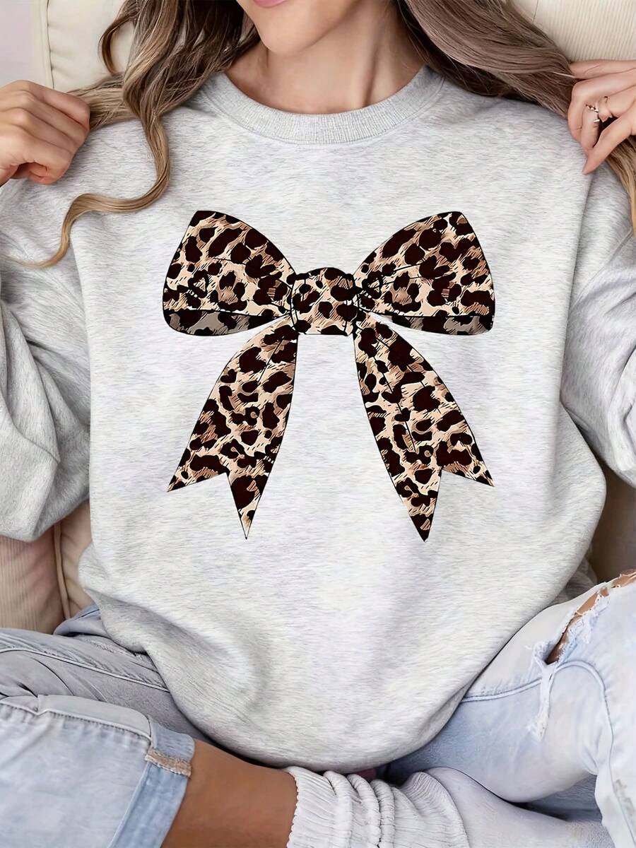 Women Leopard Print Bow Sweatshirt  Casual Long Sleeve Top For Everyday Wear And Outings - Màu Xám nhạt - Xem 1