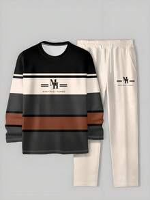 男士运动套装，字母印花圆领休闲卫衣和运动裤两件套，适合户外运动。