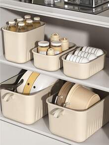 Cream-Colored Plastic Storage Box, Dust-Proof, Waterproof, Moisture-Proof, Desktop Organizer, Toy Storage, Kitchen/Bathroom Storage, Clothing Storage, Snack Storage, Free Lid Included - Apricot - View 2