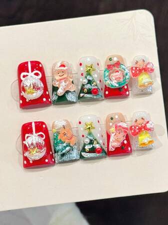 10pcs Duckbill-Shaped Christmas Nail Set, Featuring Red Nails, Hand-Painted White Polka Dots, Hand-Painted Bows, Christmas Snow Globes, Christmas Tree Decorations Including Reindeer, White Faux Pearls And Colorful Beads, Gingerbread Snowmen, Reindeer Bells, And Other Christmas Elements. Also Includes Press-On Nails, DIY Nail Supplies
