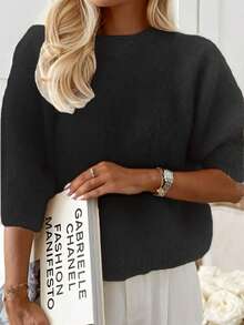 Women's Fashionable Minimalist Fuzzy Ribbed Knit Crew Neck Sweater, Regular Length, Drop Shoulder, 3/4 Sleeve Top - Black - View 3