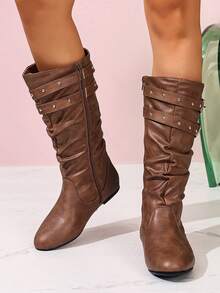 Plissierte PU-Material Damen Mode Stiefel, Herbst/Winter Neudesign, minimalistischer Seitendekoration, geeignet für den täglichen Gebrauch, Retro - Hellbraun - Übersicht 2