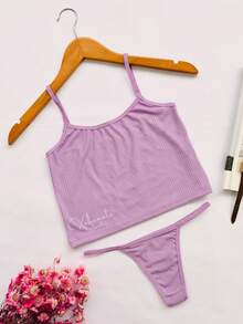 Lingerie Set: Thong Without Padding, Ribbed Suede Fabric, Comfortable, Butt-Lifting, Women's Fashion - 淺灰紫 - 查看 3