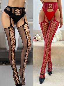 1 Pair Sexy Women's Fishnet Bodystocking, Black And Red High Elasticity Hollow Mesh Design Jumpsuit, Suitable For Christmas, Valentine's Day, Anniversary, Date, Gift, Honeymoon And Sexy Styling - Red - View 1