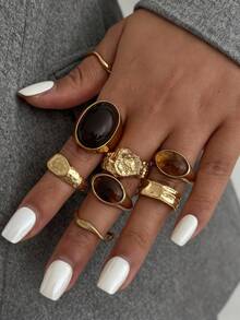 8枚复古小众奢华不对称宝石混搭可叠戴开口指节戒指，液态皱纹设计，适合女性日常佩戴，可作为送给女友/家人/朋友的礼物 - 彩色 - 查看 3