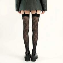 Women's Sheer Plaid Pattern Thigh High Tights With Elastic Band Top And Garter Style Detail - Black - 黑色 - 查看 6