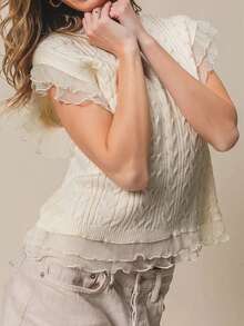 Womens Fall Winter Knit Sweater Vest Casual Stylish Solid Color Ruffled Trim Crew Neck Sleeveless Knitted Tank Tops - 白色 - 查看 4