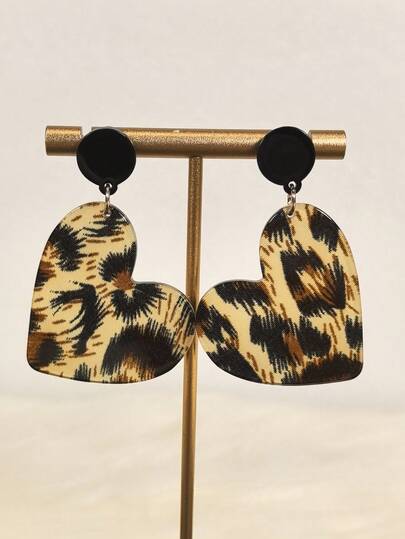 1 par de pendientes con colgante de corazón de acrílico con estampado de leopardo retro, adecuado para mujeres, regalos, uso diario, festivales