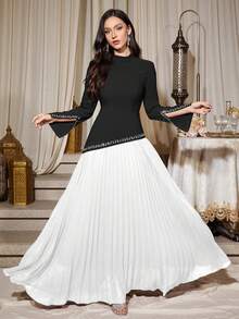 Women's Black & White Contrast Color Stand Collar Asymmetrical Rhinestone Cuff Ruched Maxi Dress, Soft Fabric Birthday Party Gown Wedding - Black and White - View 4
